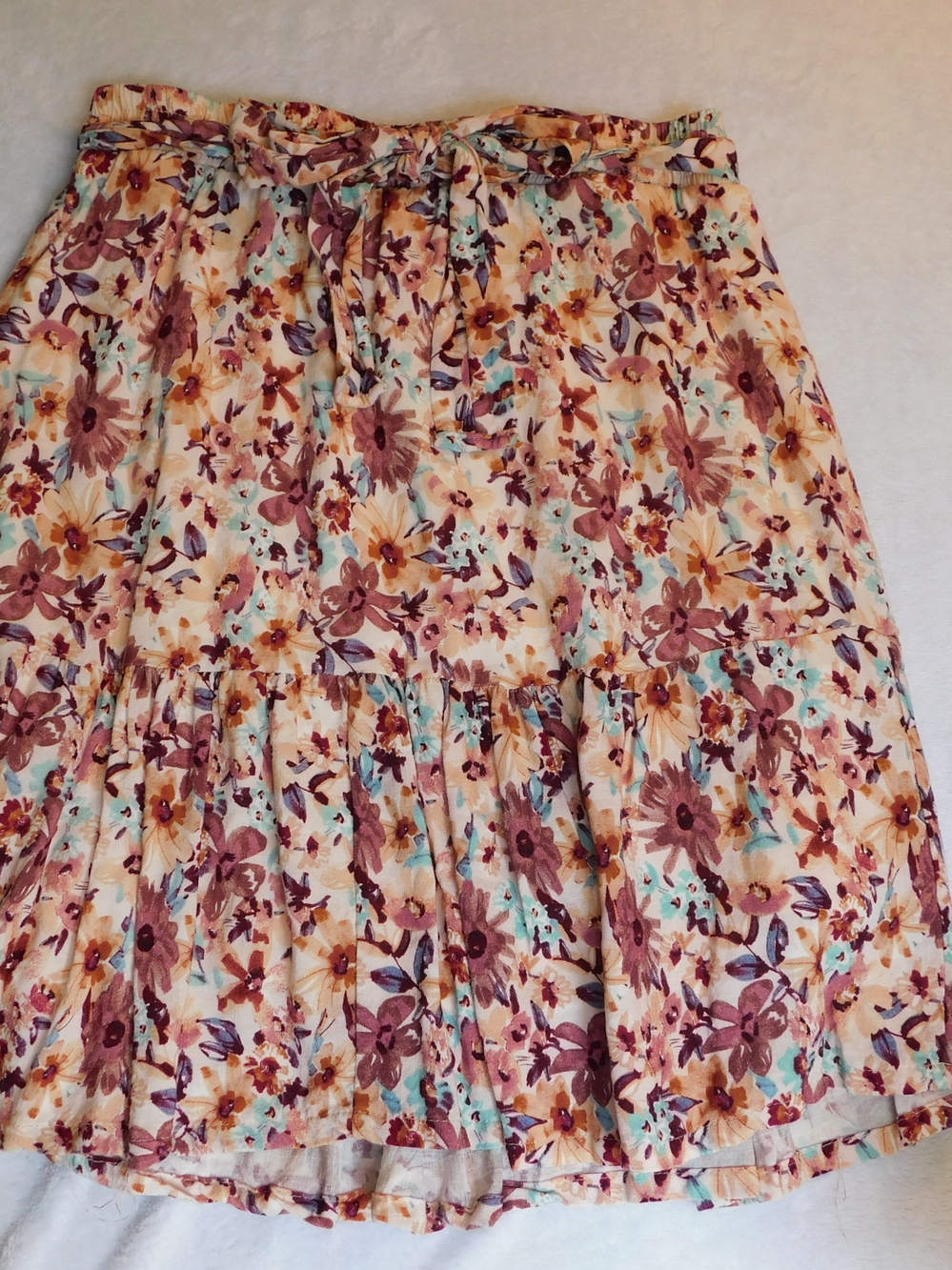 Floral Tiered Midi Skirt - Cream with Mauve & Teal Floral